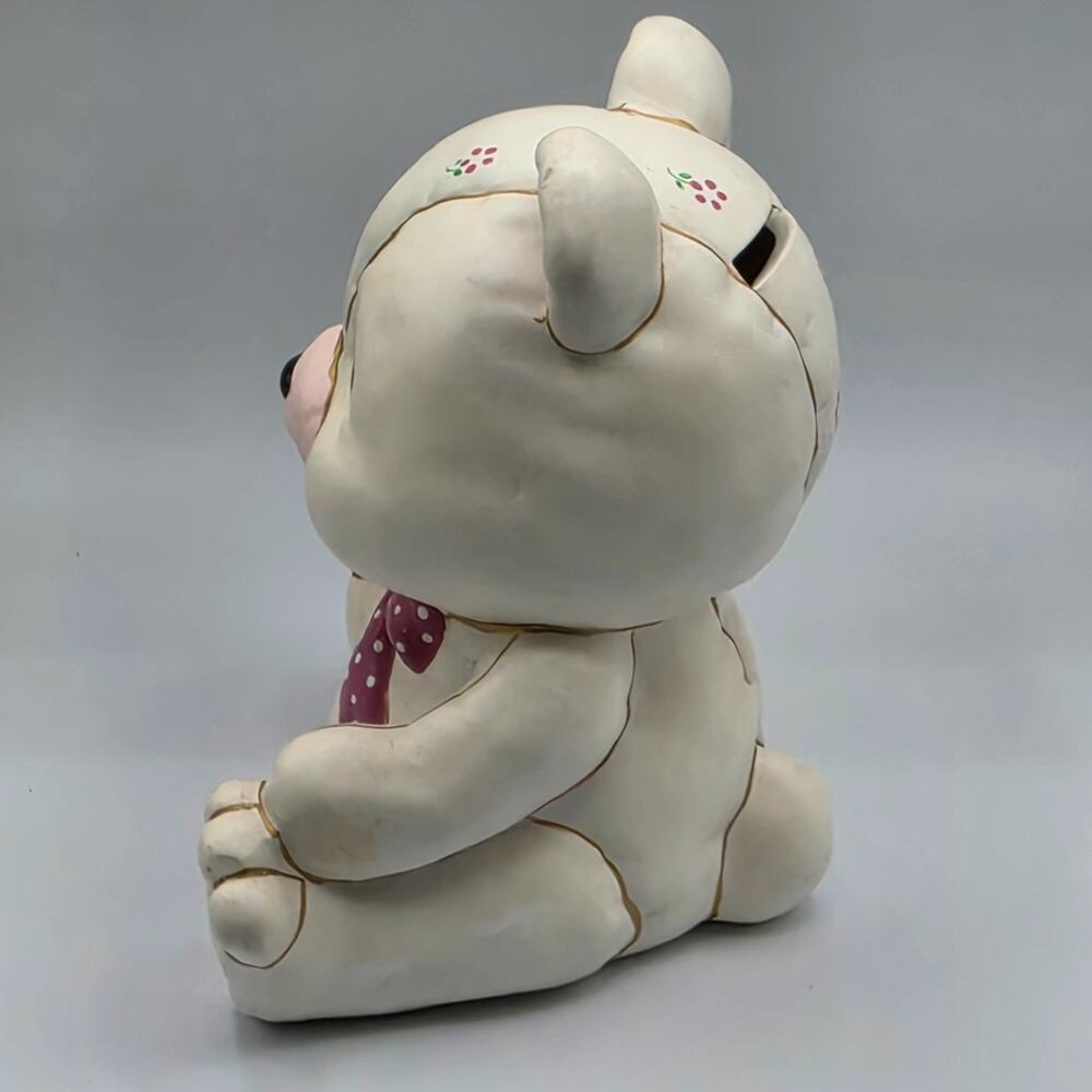 Vintage 1987 Lefton Teddy Bear Coin Bank Pink Floral Nursery Decor 6 Inch Flawed - Picture 5 of 14